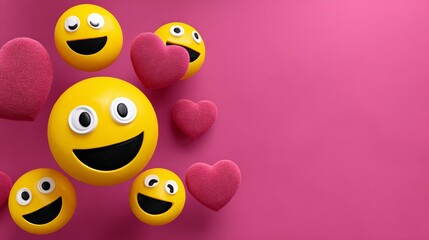 Fototapeta premium Pink background with a bunch of smiling faces and hearts. Scene is happy and cheerful