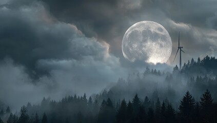 Full moon over foggy forest with wind turbine at night