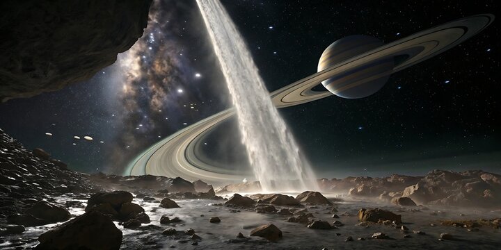 A breathtaking view of a ringed planet from the rocky surface of a moon, with a stunning waterfall of light cascading from the rings, set against a backdrop of a distant galaxy and starry sky