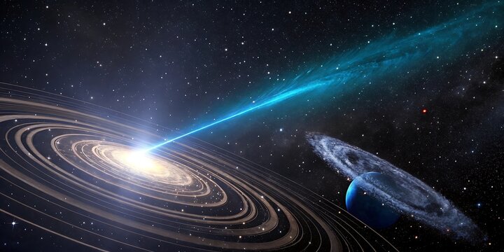 A stunning view of a spiral galaxy emitting a powerful beam of light, with a ringed planet nearby, set against a backdrop of a starry sky, creating a sense of cosmic grandeur and mystery