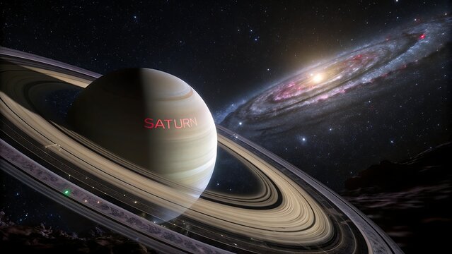 An illustrative design of a spaceship orbiting a planet, with stars and a galaxy in the cosmos