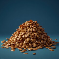 Obraz premium Golden flax seeds heap, studio shot, blue background, healthy food