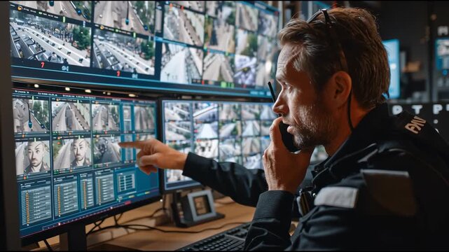 Security officer monitoring multiple CCTV camera feeds in a control room. Ideal footage for cybersecurity, surveillance systems, crime prevention, law enforcement, and emergency operations.