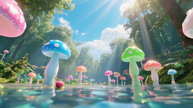 Swimming pool in garden surrounded by mushrooms and plants illustration