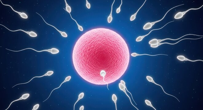 Illustration of human fertilization process with sperm cells swimming towards an egg cell, with one penetrating the egg membrane