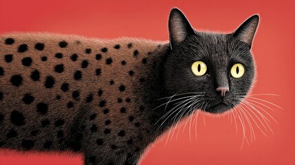 Black cat with yellow eyes is staring at the camera. The cat is standing on a red background