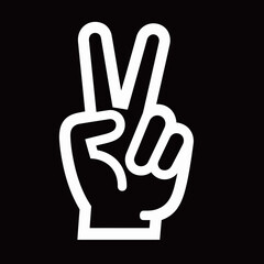 A simple white line art illustration of a hand making the peace sign, with a black background.