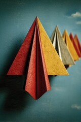 Folded paper airplanes in a row against a sky backdrop