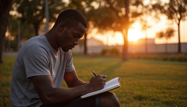 Focused African American athlete sits in park at sunset, writing in notebook. Planning fitness goals, journaling workout progress. Golden hour light illuminates thoughtful expression. Active - Powered by Adobe