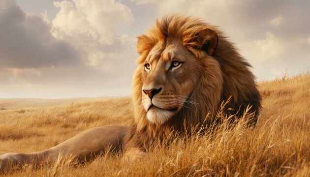 Majestic lion rests in golden, grassy field under cloudy sky. Cinematic portrait captures powerful, regal presence in enchanting, picturesque Narnian landscape. Divine, ethereal quality evokes sense