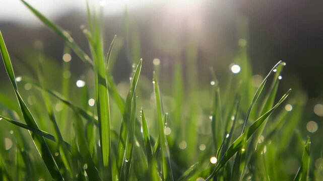Closeup of dewy green grass blades shimmering in sunlight during early morning