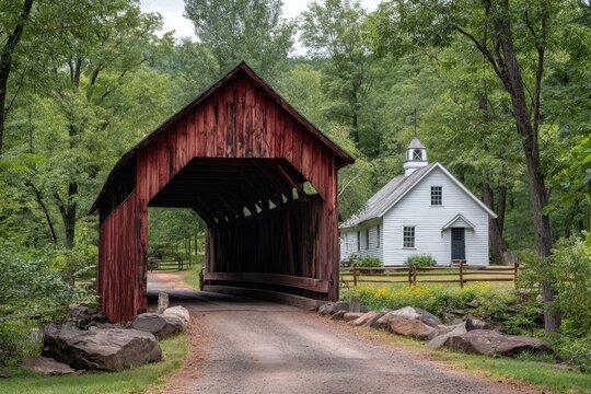 Red wooden covered bridge over a country road leading to a white church