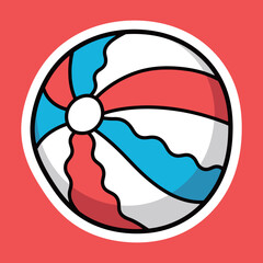 A colorful cartoon beach ball sticker with wavy stripes of red, white, and blue, perfect for summer fun.