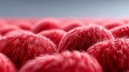 Close up of a bunch of red balls of yarn. The yarn is knitted and has a fuzzy texture. Concept of warmth and comfort, as the yarn is often associated with cozy winter clothing and blankets
