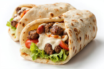Savory Greek gyro pita wrap filled with juicy beef meatballs, fresh lettuce, ripe tomatoes, and creamy sauce. Delicious Mediterranean street food, perfect for lunch or a quick meal.