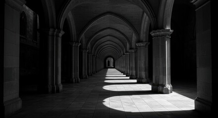 Obraz premium Endless Gothic Arches Casting Rhythmic Shadows in a Monastery Cloister