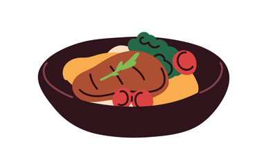 Meat and vegetables, dish, cooked food on plate. Beef steak, grilled meal, dinner, main course. Delicious eating with beefsteak and garnish. Flat vector illustration isolated on white background