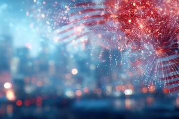 Fireworks exploding over a blurred cityscape with an overlaid United States of America flag, celebrating a holiday like Independence Day or Memorial Day