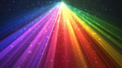 A vibrant display of rainbow colored light beams radiating upwards into a starry sky backdrop
