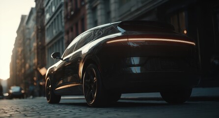 Dark SUV on city street at sunrise