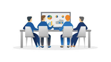 Obraz premium Team is analyzing data in the meeting room with graphs and charts on the screen and discussing it