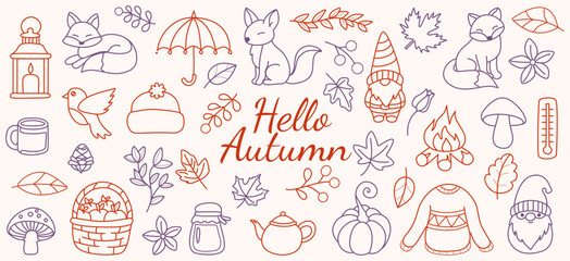 Autumn Line Art Seamless tileable Background Pattern with lots of cozy objects  Autumn Icons Set Sketch, Doodle Style.
