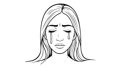 Illustration of a Woman Crying with Tears Streaming Down Her Face, Black-and-white drawing of a woman with tears on her face, expressing sadness and emotion