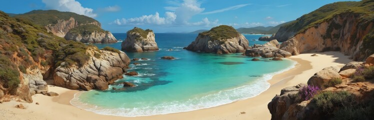 Naklejka premium Turquoise cove beach, serene ocean waters meet sandy shore. Rocky cliffs, green hillsides frame idyllic bay. Bright sunny day, clear sky, gentle waves create tropical paradise setting for travel,