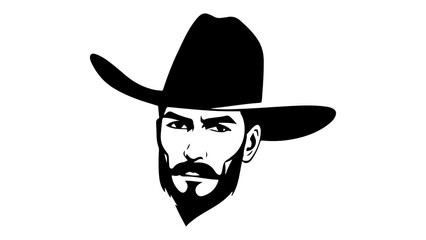 simple cowboy person staring face in cowboy hat vector black and white illustration