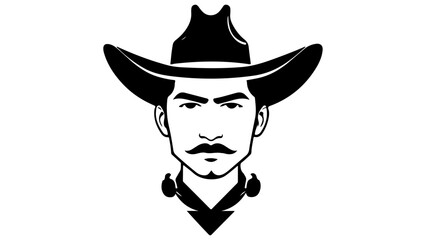 Stylized Cowboy Illustration Featuring Strong Expression and Signature Hat Design, Black-and-white graphic illustration of a cowboy character featuring a detailed hat