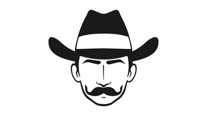 head of a cowboy with mustache and a hat black and white illustration