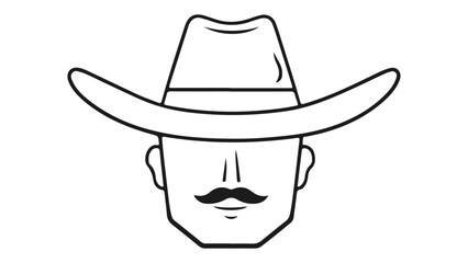 simple smiling cowboy shape with no eyes, cowboy person with mustache and a had smiling simple line art in vector