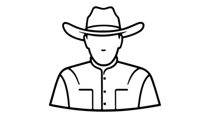 Outline Illustration of a Cowboy Wearing a Hat and Shirt, Line art depiction of a person dressed as a cowboy, complete with a wide-brimmed hat and buttoned shirt