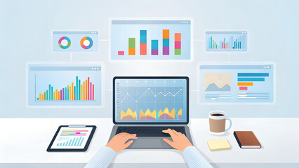 Person using laptop with data charts and graphs displayed on screen and surrounding windows view