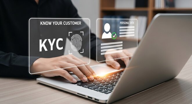 Know your customer concept. Person holding KYC card on virtual screen. Business verifying the identity of clients for KYC financial client authentication. Personal information for identification