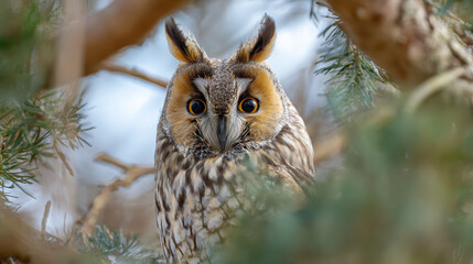 Long-eared Owl in Tree Soft Light