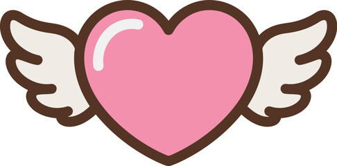 A cute cartoon pink heart with white wings, symbolizing love, freedom, and romance in a sweet and charming style on a white background.