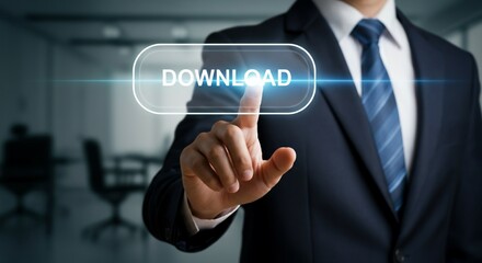 Fototapeta premium Businessman Touching Virtual Download Button in Digital Interface.