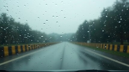A view of rain on car windshield with blurred road view