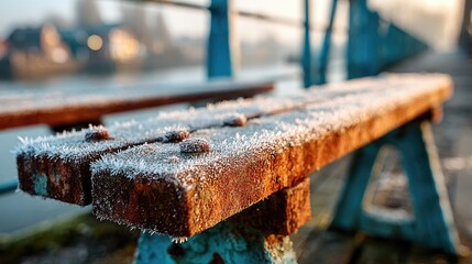 Frozen wooden bench by the water