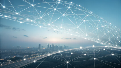 Cityscape with network connection overlay showing data flow and interconnectedness in urban environment