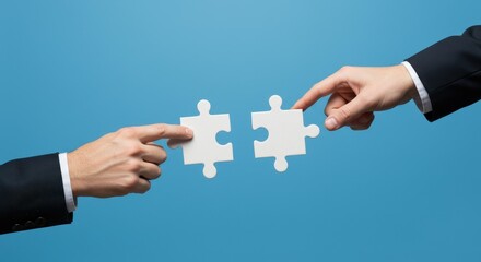 Forging a Partnership: Business Hands in Suits Connecting Two White Puzzle Pieces