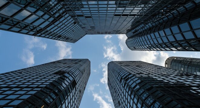 Four Symmetrical Glass Towers Converging Towards a Cloudy Blue Sky