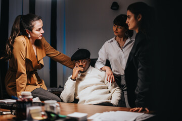 A group of professionals collaborating over ideas at a well-lit conference space.