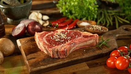 Delicious beef steak on wooden table, close-up