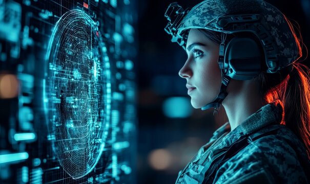 Side profile of a female military soldier using artificial intelligence AI technology for weaponry and analyzing cybersecurity threats in war, Generative AI