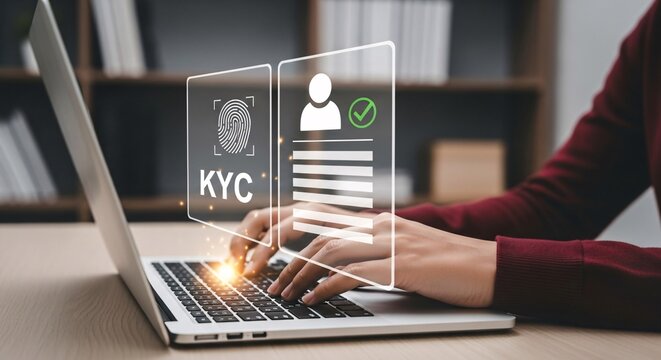 Know your customer concept. Person holding KYC card on virtual screen. Business verifying the identity of clients for KYC financial client authentication. Personal information for identification