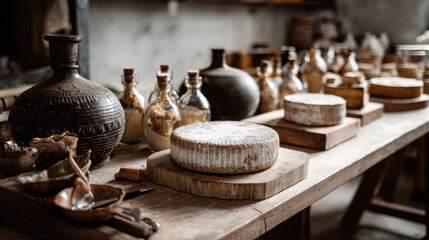 Artisan cheeses on display in a rustic, family-run cheese factory.