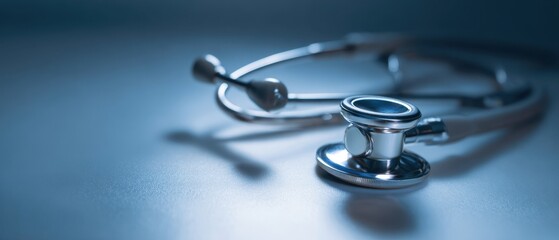 The stethoscope resting elegantly on a reflective surface in soft lighting.
