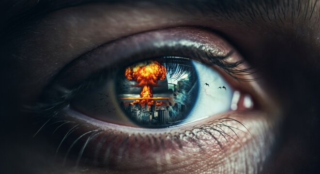 Close-Up Human Eye Reflecting Nuclear Explosion – Apocalyptic Vision Concept.